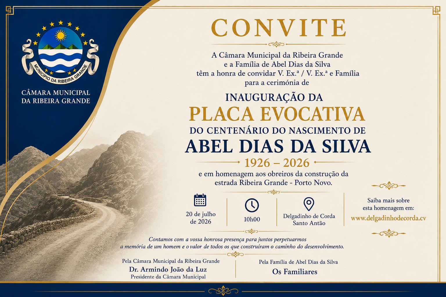 Convite para a Inauguração da Placa Evocativa do Centenário do Nascimento de Abel Dias da Silva, Delgadinho de Corda, Santo Antão, 20 de Julho de 2026